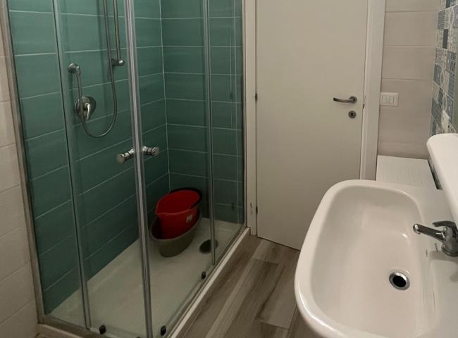 Bagno moderno con doccia in vetro, pavimento in legno e pareti piastrellate.