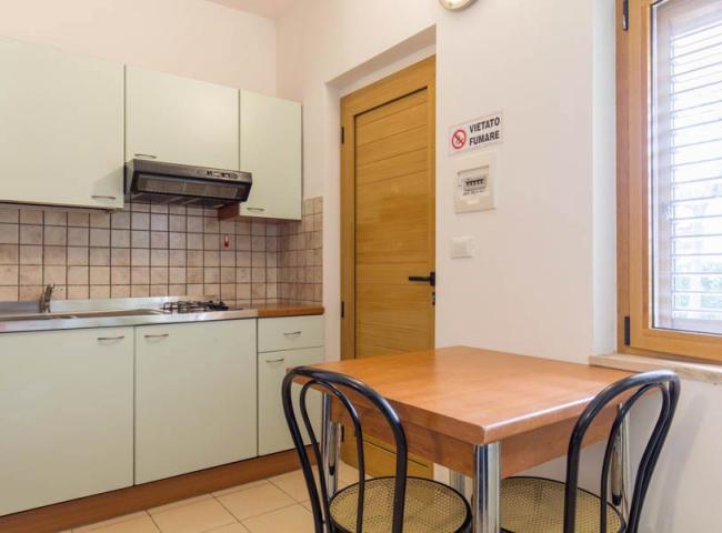 Cucina compatta con tavolo, sedie, fornelli e cartello 'Vietato Fumare'.