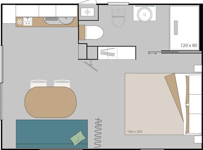 Monolocale con cucina, bagno, letto matrimoniale e zona pranzo.