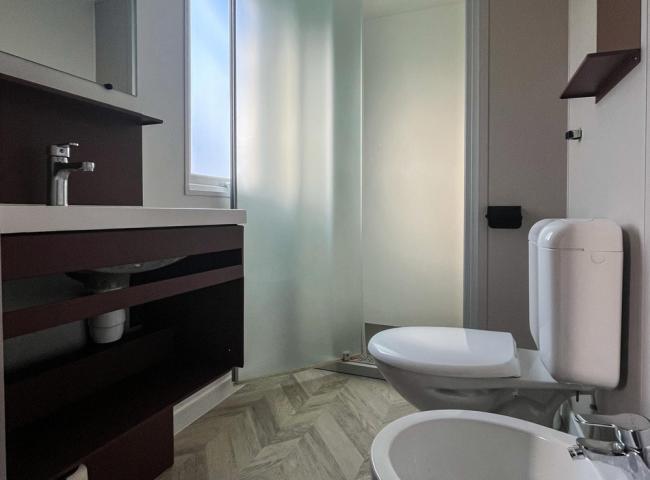 Bagno moderno con doccia, bidet e lavabo su pavimento a spina di pesce.